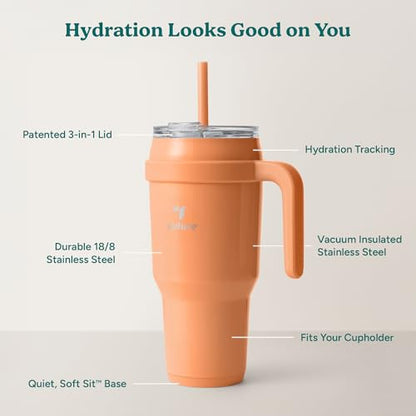 REDUCE 40 oz Stainless Steel Tumbler with Handle - Dual-Wall Vacuum Insulated Travel Mug, Sweat-Proof Lid & Reusable Straw - Keeps Drinks Cold for 24 Hrs, Fits Cupholders, Dishwasher Safe - Papaya - color: Papaya, size: 40 Ounces