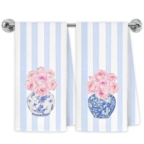 Chinoiserie Pink Rose Floral Kitchen Towel, Blue and White Hand Towels for Bathroom Kitchen Decor, Grand Millenial Flower Decorative Dish Tea Towels, 16x24 Inch Set of 2 - color: Chinoiserie Rose Floral Towels