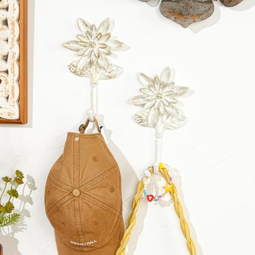 Sungmor 2 Pack Cast Iron Coat Hooks - Flower Shaped& Antique White | Heavy Duty Wall Hook for Coats,Hats,Keys - Hanger for Entryway,Bathroom and Bedroom - color: Antique White