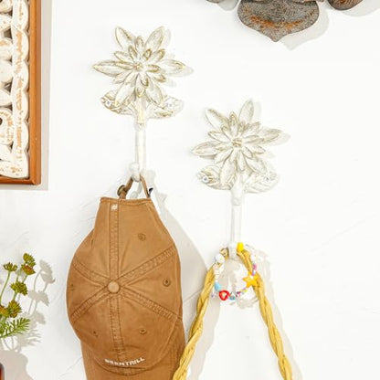 Sungmor 2 Pack Cast Iron Coat Hooks - Flower Shaped& Antique White | Heavy Duty Wall Hook for Coats,Hats,Keys - Hanger for Entryway,Bathroom and Bedroom - color: Antique White