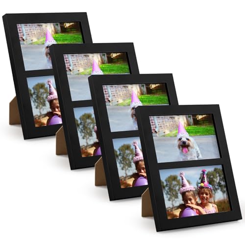 Golden State Art, 4x6 Double Picture Frame, Display Two 4x6 Photos(Black) | Solid Wood- Real Glass For Tabletop Or Wall Mounting (Black, 4 Pack) - color: Black, size: 2 Openings 4x6 (4 Pack)