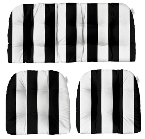 RSH DECOR 3Piece Wicker Tufted Outdoor Chair Cushions for Patio Furniture, Black & White Stripe Loveseat Cushion Set, 41” x 19” Bench & 2 Seat Cushions, Wicker Patio Furniture Cushion, Made in USA - color: Black & White Cabana Stripe, size: 41" x 19" & 2