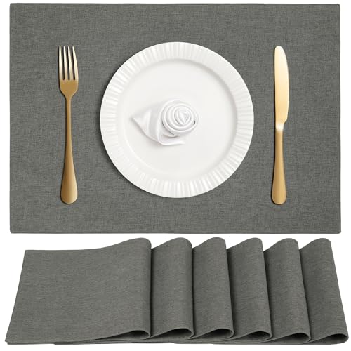 Linen Cloth Double Layers Placemats, Cotton Woven Placemats Set of 6, Kitchen Table Farmhouse Decor Heat Resistant Table Mats, Outdoor Indoor Square Fabric Place Mats Can be Washable (Dark Gray) - color: Dark Gray