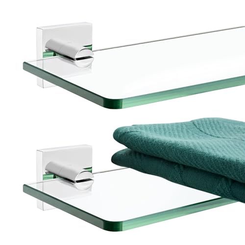 KOKOSIRI Bathroom Shelves Wall Mount 12-Inch Floating Tempered Glass Shelf for Shower Storage Home Decor, 2 Pack Polished Stainless Steel B1107CH-L12-P2 - color: Polished Chrome, size: 12-Inch(2 Pack)
