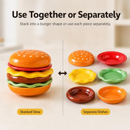 6-Piece Stackable Ceramic Burger Plate Set for Sauces & Dips | Burger-shaped layers for condiments, dips, sushi soy sauce, BBQ snacks; dishwasher and microwave safe