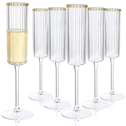 36PCS Plastic Champagne Flutes Ribbed for Weddings & Parties | Gold trim Champagne Glasses, 6 oz, Elegant Sparkling Wine Stemware, Disposable yet Sturdy, for Toasting at Anniversaries