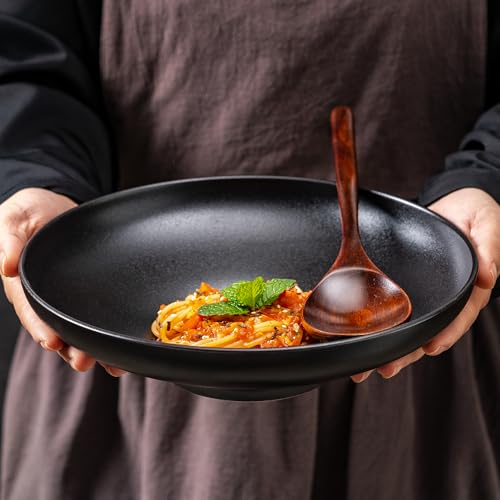 Ceramic Serving Bowls with Wooden Spoons Set of 2, Large Serving Bowl for Dinner Salad Soup Pasta Dessert Fish Fruit Chicken Bread, Oven Dishwasher Safe, 50oz Bowl for Entertaining, 9.75" Pure Black - color: Black