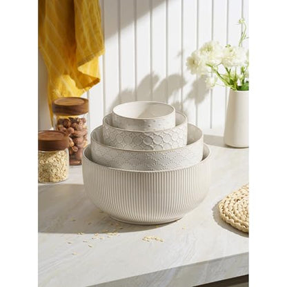 Mikiegy Ceramic Mixing Bowls Set of 4, Nesting Ceramic Embossment Stoneware Mixing Bowls for Cooking, Serving, Popcorn, Salad etc, Microwave & Dishwasher Safe, 20/44/98/145 oz, Off-White - size: 20&44&98&145 oz