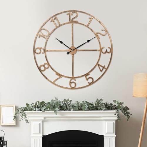 48in Large Silent Wall Clock, Easy Assembly Arabic Numeral Bronze | Non-ticking metal farmhouse wall clock, KD assembly, battery operated, oversized living room decor - size: 48inch