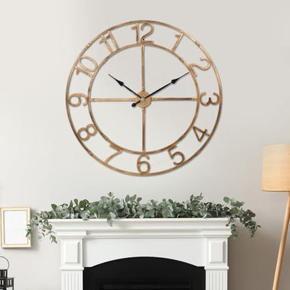 48in Large Silent Wall Clock, Easy Assembly Arabic Numeral Bronze | Non-ticking metal farmhouse wall clock, KD assembly, battery operated, oversized living room decor - size: 48inch