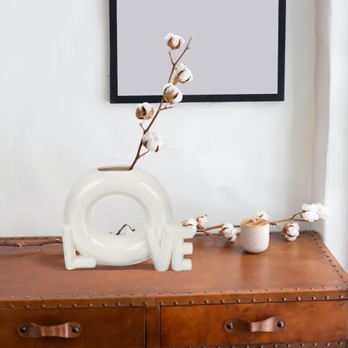 SOLUSTRE Love Shaped Ceramic Flower Vase for Valentine’s Day, Creative Dried Flower Arrangement Container, Glossy Donut Design Home Décor for Dining Table and Living Room