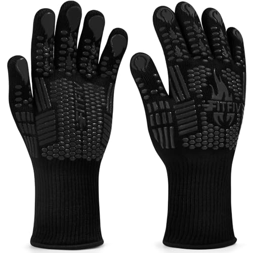 BBQ Gloves, 1472°F Heat Resistant with Silicone Grip Oven Mitts | Non-Slip Grip, for BBQ, Grilling, Oven, Smoker, Cooking and Baking - color: Black, size: Long (Glove L 13.78" × Palm W 6.33")