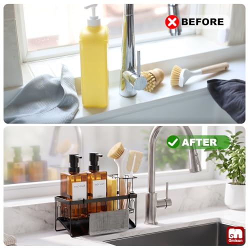 GMISUN Dish Soap Dispenser, 12 Fl oz / 350 ml Dual Soap Dispenser with Sponge Holder, Customized Amber Glass Kitchen Soap Dispensers Set, Modern Hand and Dish Soap Dispensers Set Removable - color: Amber Bottle + Black Rack