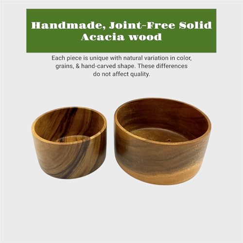 Acacia Wood Bowl Set of 2, Artisan Hand-Turned Cylindrical, 8" & 6" Bowls | Solid joint-free acacia wood bowls with continuous grain, handcarved for salad, fruit, bread, serving food 8 x 4 & 6 x 3.5 in