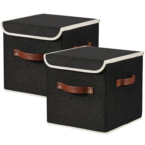 2PCS Storage Cubes with Lids Cotton Linen Fabric Bins Boxes | Decorative Foldable Washable Closet Shelf Organizer Clothes Container with PU Leather Handles, Flip-top Lid, Black, 11in - color: Black ( Flip-top Lid ), size: Set of 2 ( 11 in )