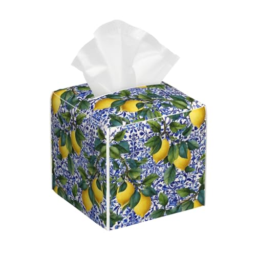 Lemon Tile Tissue Box Cover Square,Watercolor Tissue Box Holder Waterproof Leather Facial Paper Organizer Dispenser for Bathroom Home Car Kitchen Nightstand Vanity Desk Decoration - color: Lemon