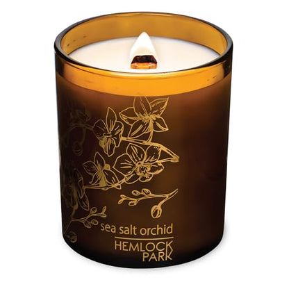 Hemlock Park Sea Salt Orchid Amber & Gold Wood Wick Candle | 7.2 oz | Coconut Apricot Wax | Crackling Wood Wick | Botanical Fragrance | Made in USA