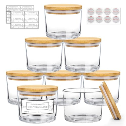 CONNOO 8 Pack 12 OZ Clear Glass Wide Mouth Candle Jars | Airtight Bamboo Lids, Sticky Warning Labels, Empty Container Bulk, Dishwasher Safe - color: Clear