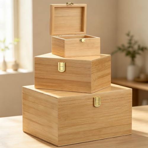 Novabright 3 Pack Wooden Keepsake Box, 3 Size Handmade Decorative Treasure Chest Box, Gift Ideas for Men & Women Jewelry Rings Storage (Brown,Nan Bamboo,Simple) - color: Brown, size: Nan Bamboo, style: Simple