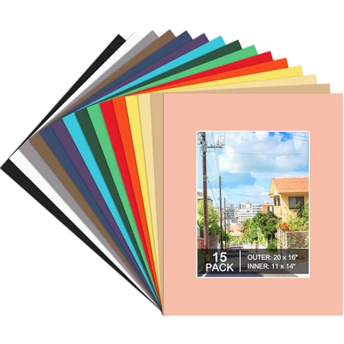 15 Pack 20x16 Picture Mats for 11x14 Photos, Mixed Colors, Bevel Cut | 1.2 mm Thick Mat Board, Cream Core, Protects Photos and Artwork, Ideal for Frames, Prints, Galleries, Home Or Office Display - size: 20x16 for Photos 11x14