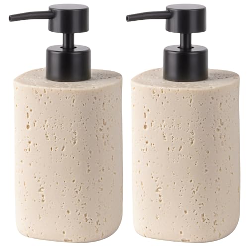Clasin Home 2 Pack Beige Resin Soap Dispensers, Refillable Liquid Lotion Dispenser Bottles with Travertine-Look for Bathroom and Kitchen Countertop, Modern Stone Texture (10.8 oz) - color: Beige
