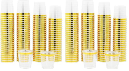 Mandala Crafts Disposable 1oz Plastic Mini Shot Glasses - Bulk 120 Clear Gold Rim Hard Plastic Shots Cups for Party Sample Cups Tasting Whiskey (Pack of 2) - color: Gold Rim, size: 1 Ounces (Pack of 2)
