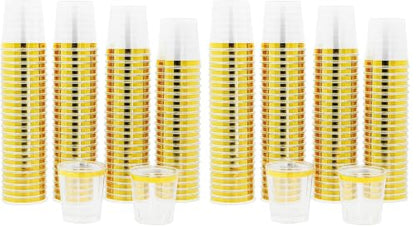 Mandala Crafts Disposable 1oz Plastic Mini Shot Glasses - Bulk 120 Clear Gold Rim Hard Plastic Shots Cups for Party Sample Cups Tasting Whiskey (Pack of 2) - color: Gold Rim, size: 1 Ounces (Pack of 2)