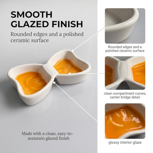 Dipping Bowls, 2-Compartment, 2-Pack, Yellow | Butterfly-shaped ceramic cups keep dips apart in separate wells; 3 oz dishes serve sushi, snacks, condiments, and appetizers. - color: Yellow