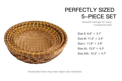 Handmade Natural Bamboo Woven Basket Set, Round, 5 Piece, Nesting Trays for Fruit and Snack Storage