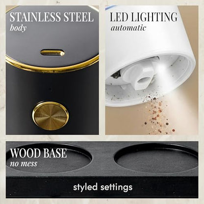 Styled Settings Rechargeable Electric Salt and Pepper Grinder Set | Automatic Salt and Pepper Shaker Set with USB-C Port, LED Light, Adjustable Coarseness, One Touch Control, Stainless Steel - color: Black/White