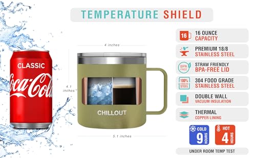 CHILLOUT LIFE Stainless Steel 16 oz (Set of 2) Vacuum Insulated Coffee Mug with Handle and Lid, Large Thermal Camping Coffee Mugs with Sliding Lid for Men & Women - color: Army Green, size: 16 Ounces - 2 Pack