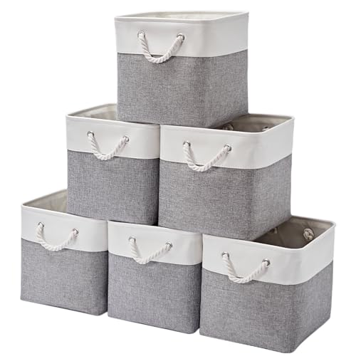 MidmmVick 12 x 12 Inch Cube Storage Bins, 6 Pack Large Collapsible Fabric Storage Bin with Ropes, Foldable Storage Cubes for Home, Office,Closet, Clothes, Toys Organizer (White & Grey) - color: White&Grey-12"x12"x12"