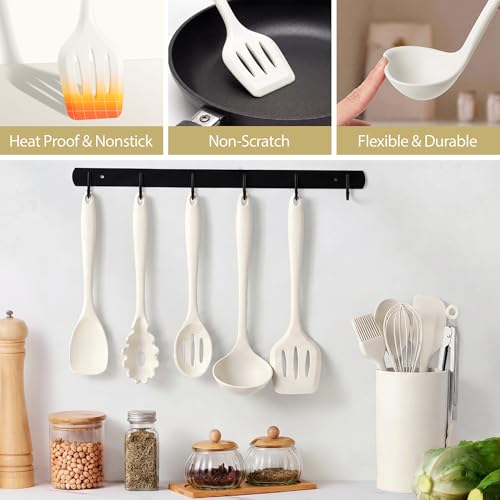 LIANYU 14 Pcs Silicone Cooking Utensils Set with Holder, Cream White | Kitchen Utensils Set for Non-Stick Cookware, 446°F Heat Resistant Cooking Tools with Comfort Grip Handle, Dishwasher safe - color: Cream White