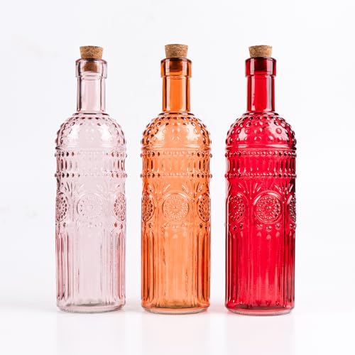 Vintage Vase Decorative Glass Vases,9.6 inch Embossed Colored Glass Bottles,Large Wine Bottle Size,Set of 3 with Cork Lid-Flower Bud Vases, Garden Decor, Suncatchers, (Warm) - color: Warm