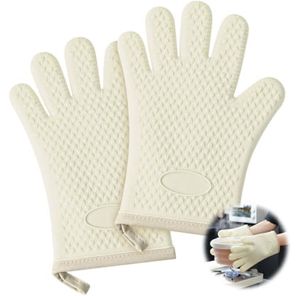 1 Pair Oven Mitts, Heat Resistant Protective Oven Gloves, Cotton Lined Silicone Kitchen Mitts Pair, Nonslip Silicone Cooking Gloves with Fingers (White) - color: White