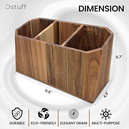 Large Kitchen Utensil Holder for Countertop – Acacia Wood Utensil Organizer with 3 Compartments, Beveled Edges Design, Non-Slip Silicone Pads & Drain Hole – Rustic Farmhouse Utensil Caddy Crock - size: 3 Compartment