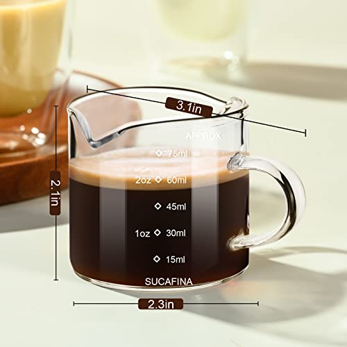 PARACITY Espresso Measuring Cup, 2.5 oz Double Spout Glass with Handle | Borosilicate body has dual scales and a V-shaped mouth for precise pouring while measuring espresso shots and coffee drinks - size: 2.5 Ounces