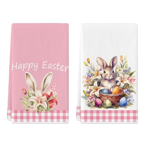 Easter Kitchen Towels,Cute Rabbit Bunny Eggs Dish Towels Set of 2, Microfiber Pink Hand Towels 17x27 Inch,Spring Farmhouse Home Decoration, Floral Basket Tea Cloths (Rabbit-Pink) - color: Rabbit-pink