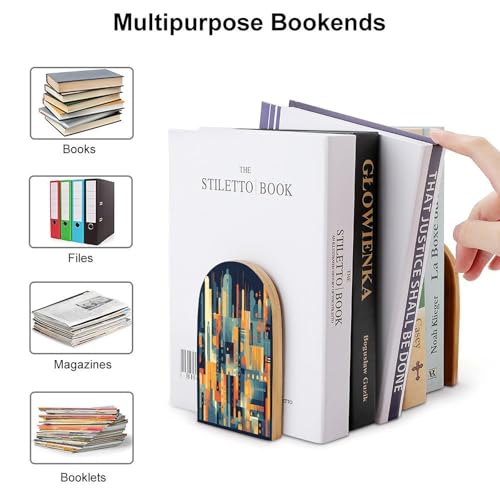 Geometric Shapes Pattern Bookends 1 Pair Heavy Duty Book Ends for Shelves Non-Skid Bookend Supports Wooden Book Holders with Metal Base Desk Organizers Books Storage to Hold Books