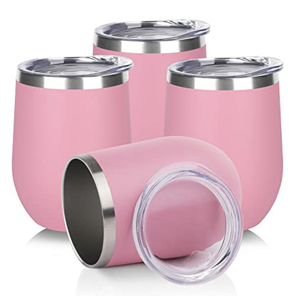 DOMICARE Stainless Steel Wine Tumbler Bulk with Lid, Personalized Insulated Tumblers Set, 12oz Travel Coffee Cups Pack of 4, Pink - color: Pink, size: 4 Count (Pack of 1)