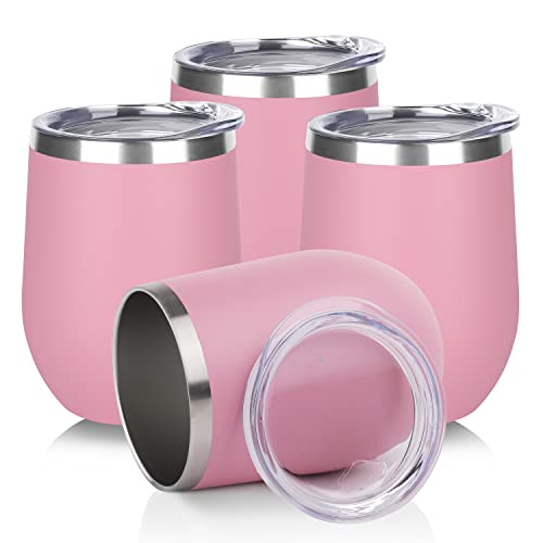 DOMICARE Stainless Steel Wine Tumbler Bulk with Lid, Personalized Insulated Tumblers Set, 12oz Travel Coffee Cups Pack of 4, Pink - color: Pink, size: 4 Count (Pack of 1)