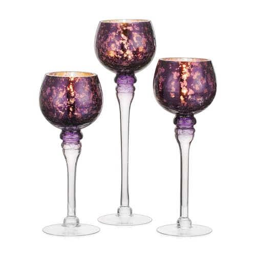 Glass Tealight Candle Holder: Purple Mercury Votive Holders 9/10/12 Inch Tall Long Setm Floating Candle Holders for Christmas Dining Table Centerpiece Wedding Party Halloween Set of 3 | 9/10/12 Inch Tall, for Floating & Votives, Long Setm Vintage Decor fo