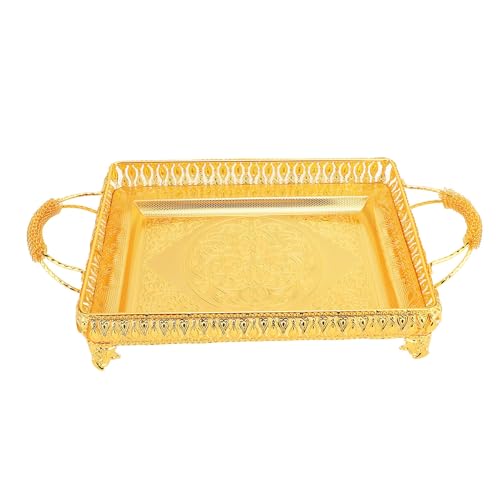 Metal Serving Tray for Food Snacks Fruit, Decorative Rectangle Party Platter, European Style Gold Tray with Raised Edges, Large Serving Dish for Home Decor and