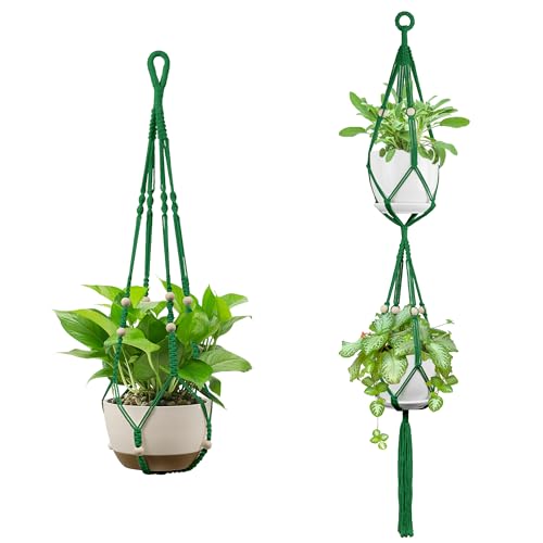USLAI Macrame Plant Hanger Indoor Outdoor, Up to 4-15 inch Pot, Heavy 20lb Planters, Extra Long Strong Hanging Planter Basket Holder, Boho Home Decor, 35+49 Inch, Green (POTS NOT Included) - color: 35+49 Inch - Green