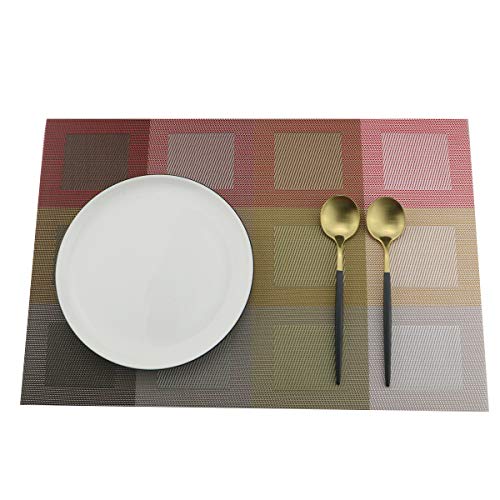 Set of 6 Placemats for Dinning Table, Luxury PVC Woven Vinyl Table Mats,Washable and Heat Insulation Kitchen Place Mats (6 pcs, Gold) - color: Red-square