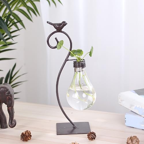 Hydroponic Vase, Retro Tabletop Plant Propagation with Metal Holder, Air Planter Plastic Bulb Vase for Home Garden Office Decoration