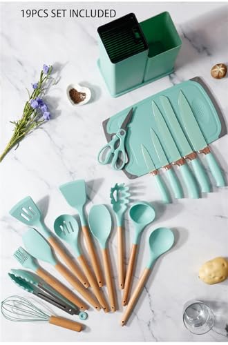 19 Pieces Kitchen Utensils and Knife Set with Block, Inldued 9 Pieces Silicone Cooking Utensils Set 5 Pieces Sharp Stainless Steel Chef Knives Scissors Whisk Tongs and Cutting Board (BEIGE) - color: Beige
