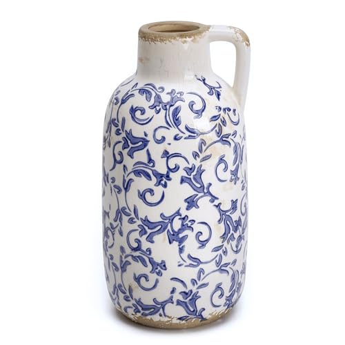 VICTOR & TERESA Blue and White Ceramic Vase for Flowers, Rustic Vase Home Decor for Pampas Grass, Farmhouse Decorative Vases for Mantel, Living Room, Shelf, Centerpieces, 10'', Gifts for Her - size: Large