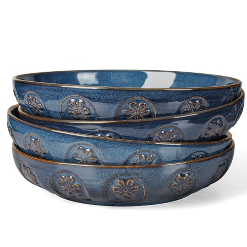 Pasta Bowls, 50oz Large Salad Serving Bowls, 9.75'' Plates Bowls Set of 4, Big Ceramic Soup Bowls for Kitchen, Embossment Shallow Dinner Bowl, Microwave Dishwasher Safe, Pinwheel Flower, Blue - color: Blue (Pinwheel Flower)