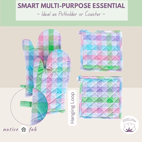 Native Fab 4 Piece Set - Gingham Check 2 Oven Mitts & 2 Potholders, Heat Resistant, 100% Cotton, Quilted Design, Non-Slip Grip, Ideal for Baking, Cooking, BBQ, Kitchen Protection, Multicolor - color: Gingham Pastels